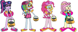 Size: 8280x3405 | Tagged: safe, artist:christian soto, fluttershy, pinkie pie, rainbow dash, sci-twi, twilight sparkle, equestria girls, equestria girls specials, g4, my little pony equestria girls: better together, my little pony equestria girls: forgotten friendship, clothes, female, flippers, fluttershy's wetsuit, glasses, goggles, halloween, hat, holiday, inner tube, pool toy, pumpkin bucket, simple background, snorkel, sunglasses, swim mask, swimsuit, towel, transparent background, trick or treat, water wings, wetsuit