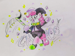 Size: 1080x810 | Tagged: safe, artist:mirio_p2, pinkie pie, g4, deltarune, full body, hat, jester, jester hat, jevil, open mouth, scythe, solo, text, traditional art