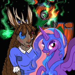 Size: 3000x3000 | Tagged: safe, artist:moondeer1616, nightmare moon, oc, oc only, oc:heart sparkle, alicorn, fox, jackalope, robot, anthro, mlp fim's fourteenth anniversary, g4, alicorn oc, animatronic, anthro oc, anthro with ponies, black background, clothes, cosplay, costume, crossover, female, fire, five nights at freddy's, fursona, halloween, holiday, horn, jewelry, looking at you, mare, nightmare night, nightmare night costume, ragatha, regalia, sharp teeth, simple background, teeth, the amazing digital circus, trio, wings