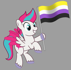 Size: 836x822 | Tagged: safe, artist:zarosianpony, zipp storm, pegasus, pony, g4, g5, colored, g4 style, g5 to g4, generation leap, gray background, grin, leg hold, nonbinary, nonbinary pride flag, pride, pride flag, simple background, smiling, solo, spread wings, style emulation, wings