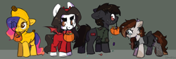 Size: 7017x2387 | Tagged: safe, artist:itsspoops, oc, oc only, oc:driker, oc:line art, oc:replica, oc:scoops, earth pony, pony, unicorn, mlp fim's fourteenth anniversary, banana, candy, clothes, costume, cute, devil horns, dress, ear piercing, earring, food, freckles, glasses, halloween, halloween costume, holiday, horn, horns, jewelry, piercing, trick or treat