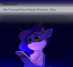 Size: 1650x1500 | Tagged: safe, artist:celes-969, edit, pipp petals, screenlight, pegasus, pony, g5, bruised, cellphone, google search, holding, jewelry, national kick tall people day, phone, regalia, spanish, text edit, translator:moonlight shadows, twig