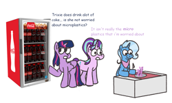 Size: 1585x955 | Tagged: safe, artist:zoeyhorse, starlight glimmer, trixie, twilight sparkle, alicorn, pony, unicorn, g4, bib, brushable, coca-cola, dialogue, female, fork, hoof hold, horn, knife, mare, non sequitur, pica, simple background, smiling, too dumb to live, toy, trio, trio female, twilight sparkle (alicorn), white background