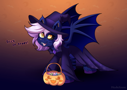 Size: 2800x1998 | Tagged: safe, artist:madelinne, oc, oc only, oc:nightcore, bat pony, bat pony oc, clothes, costume, female, gradient background, halloween, halloween 2024, halloween costume, holiday, jewelry, mare, solo, trick or treat