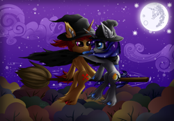 Size: 2800x1950 | Tagged: safe, artist:sunamoonmlp, derpibooru exclusive, oc, oc only, oc:sunamoon, alicorn, pony, unicorn, mlp fim's fourteenth anniversary, g4, broom, clothes, cloud, costume, cute, duo, female, flying, flying broomstick, forest, halloween, halloween 2024, halloween costume, hat, holiday, horn, male, mare, mare in the moon, moon, moonlight, nature, night, nightmare night, nightmare night costume, stallion, stars, tree, unshorn fetlocks, wings, witch, witch costume, witch hat