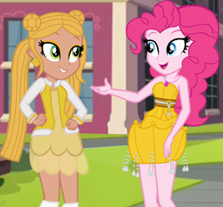 Size: 1550x1440 | Tagged: safe, artist:pregnacylove, artist:skyfallfrost, artist:user15432, pinkie pie, human, equestria girls, g4, bare shoulders, base used, canterlot high, clothes, crossover, dress, duo, ear piercing, earring, equestria girls style, equestria girls-ified, female, geode of sugar bombs, hand on hip, jacket, jewelry, magical geodes, necklace, open mouth, open smile, outdoors, piercing, rainbow high, smiling, socks, strapless, sunny madison, yellow dress