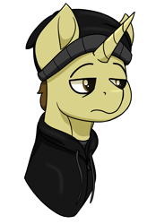 Size: 1388x2000 | Tagged: safe, artist:memeancholy, oc, oc only, oc:ticker, pony, unicorn, clothes, doomer, hat, hoodie, horn, male, meme, simple background, solo, stallion, transparent background