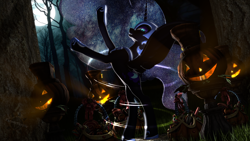 Size: 3840x2160 | Tagged: safe, artist:fanaticheretic7, nightmare moon, alicorn, pony, mlp fim's fourteenth anniversary, g4, 3d, basket, candle, cute, everfree forest, forest, full moon, halloween, happy, holiday, jack-o-lantern, magic, magic circle, moon, nature, nightmare night, outdoors, pumpkin, smiling, solo, summoning, summoning circle, tree, tribute, wholesome