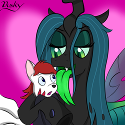 Size: 2000x2000 | Tagged: source needed, safe, queen chrysalis, oc, oc:tsutaru arcus, changeling, changeling queen, kitsune, g4, bedroom eyes, duo, face licking, fangs, hug, imminent vore, implied vore, kitchen eyes, licking, surprised, tongue out