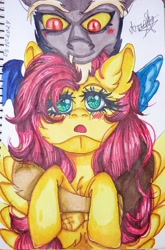 Size: 1349x2048 | Tagged: safe, artist:djunisakurai, discord, fluttershy, draconequus, pegasus, pony, g4, blushing, duo, female, holding a pony, male, ship:discoshy, shipping, signature, spread wings, straight, traditional art, wings