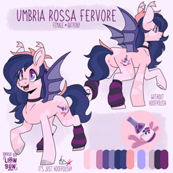 Size: 2000x2000 | Tagged: safe, artist:lionbun, oc, oc:umbria, bat pony, base used, character design, choker, clothes, female, hoof polish, leg warmers, mare, reference sheet