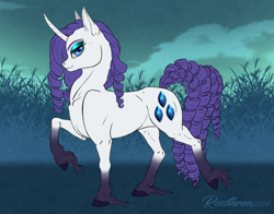 Size: 1462x1149 | Tagged: safe, artist:rossthren, rarity, pony, unicorn, g4, coat markings, collarbone, colored eyebrows, concave belly, curly mane, curly tail, curved horn, female, fetlock tuft, gradient legs, grass, horn, lidded eyes, long fetlocks, looking at you, mare, muscles, outdoors, ribcage, side view, sky, smiling, smiling at you, socks (coat markings), solo, standing on two hooves, sternocleidomastoid, tail, unshorn fetlocks, white coat