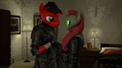 Size: 3840x2160 | Tagged: safe, artist:fireemerald123, oc, oc only, oc:holly berry, oc:page feather, anthro, 3d, bed, clothes, duo, glowing, glowing eyes, indoors, jacket, lamp, leather, leather jacket, source filmmaker, trenchcoat, voidpunk, watermark