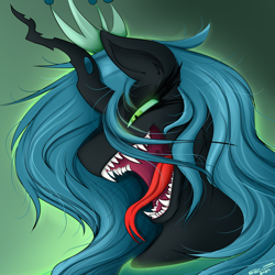 Size: 4000x4000 | Tagged: safe, artist:ser-p, queen chrysalis, changeling, changeling queen, g4, absurd resolution, forked tongue, sharp teeth, signature, solo, teeth, tongue out, uvula