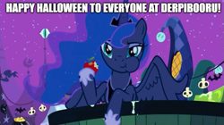 Size: 895x500 | Tagged: safe, edit, edited screencap, screencap, princess luna, alicorn, pony, g4, luna eclipsed, my little pony: friendship is magic, apple, food, halloween, holiday, nightmare night, outdoors, ponyville, solo