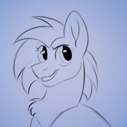 Size: 2048x2048 | Tagged: safe, artist:vendette, oc, oc only, oc:jitterbug, earth pony, pony, blue background, monochrome, simple background, sketch, smiling, solo