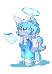 Size: 2480x3508 | Tagged: safe, artist:patoriotto, earth pony, pony, arona (blue archive), blue archive, blushing, bowtie, clothes, collared shirt, cute, female, filly, foal, folder, hair ribbon, halo, heart, long sleeves, multicolored hair, ponified, ribbon, shirt, shoes, simple background, skirt, smiling, solo, white background