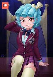 Size: 828x1200 | Tagged: safe, artist:uotapo, cozy glow, human, equestria girls, g4, bowtie, breasts, chair, clothes, collared shirt, crystal prep academy uniform, grin, hair ribbon, looking at you, older, older cozy glow, on table, patreon, patreon logo, plaid skirt, ribbon, school uniform, shirt, skirt, smiling, socks, thigh highs