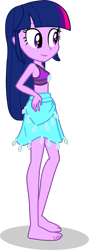 Size: 1436x4029 | Tagged: safe, alternate version, artist:dustinwatsongkx, twilight sparkle, human, equestria girls, g4, accessory swap, bare shoulders, barefoot, clothes, clothes swap, feet, female, rarity's blue sarong, rarity's purple bikini, sandals, sarong, simple background, sleeveless, solo, swimsuit, swimsuit swap, transparent background, vector