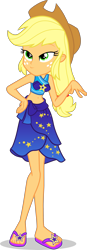 Size: 1454x4174 | Tagged: safe, alternate version, artist:dustinwatsongkx, applejack, human, equestria girls, g4, applejack's hat, bare shoulders, belly, belly button, clothes, clothes swap, cowboy hat, female, freckles, hat, sarong, simple background, sleeveless, solo, sports bra, swimsuit, swimsuit swap, transparent background, trixie's beach shorts swimsuit