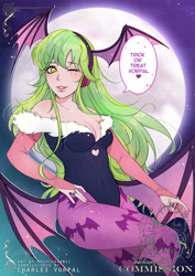 Size: 2894x4093 | Tagged: safe, artist:mochiwasabii, lemon zest, human, succubus, equestria girls, g4, clothes, commission, cosplay, costume, darkstalkers, female, halloween, halloween costume, holiday, implied canon x oc, morrigan aensland, outdoors, solo, speech bubble, wings