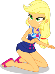 Size: 2757x3679 | Tagged: safe, artist:dustinwatsongkx, applejack, human, equestria girls, g4, accessory swap, bare shoulders, clothes, clothes swap, female, geode of telekinesis, hatless, high res, magical geodes, missing accessory, one-piece swimsuit, sandals, sci-twi swimsuit, simple background, sleeveless, solo, swimsuit, swimsuit swap, transparent background