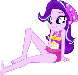 Size: 1382x1335 | Tagged: safe, alternate version, artist:dustinwatsongkx, starlight glimmer, human, equestria girls, g4, bare shoulders, barefoot, beanie, clothes, clothes swap, feet, female, geode of sugar bombs, hat, magical geodes, one-piece swimsuit, pinkie pie swimsuit, simple background, sleeveless, solo, swimsuit, swimsuit swap, transparent background