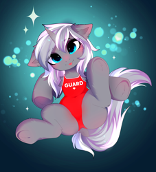 Size: 3771x4154 | Tagged: safe, alternate character, alternate version, artist:empress-twilight, oc, oc only, oc:frozen raine, pony, unicorn, :p, blushing, butt, cheek fluff, clothes, commission, dock, ear fluff, female, horn, lifeguard, looking at you, mare, plot, smiling, smiling at you, solo, sparkles, spread legs, spreading, swimsuit, tail, tongue out, underhoof, unicorn oc, ych result