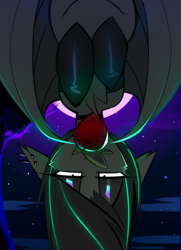 Size: 791x1090 | Tagged: safe, artist:madragon, oc, oc only, oc:lumishade, bat pony, bat pony oc, clothes, cloud, ear fluff, ear piercing, eyeshadow, female, food, glowing mane, hanging, hanging upside down, lidded eyes, looking at you, makeup, mare, moon, night, night sky, piercing, sky, solo, stockings, strawberry, thigh highs, upside down