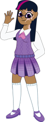 Size: 597x1612 | Tagged: safe, artist:prixy05, twilight sparkle, human, g4, g5, my little pony: tell your tale, clothes, female, glasses, humanized, moderate dark skin, piebald, simple background, skirt, solo, sweater vest, transparent background, waving