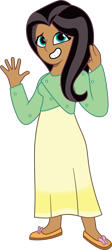 Size: 582x1303 | Tagged: safe, artist:prixy05, fluttershy, human, g4, g5, my little pony: tell your tale, clothes, dress, female, humanized, moderate dark skin, simple background, solo, transparent background, waving