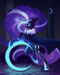 Size: 4000x5000 | Tagged: safe, alternate version, artist:anastas, part of a set, nightmare rarity, pony, unicorn, series:ask nightmare rarity, g4, ask, cape, clothes, column, crystal, detailed background, ethereal mane, ethereal tail, eyelashes, eyeshadow, female, floppy ears, flowing mane, flowing tail, glowing, glowing horn, hoof shoes, horn, jewelry, magic, magic aura, makeup, mare, mlp art ask (ru), moon, nightmarified, princess shoes, regalia, slit pupils, solo, standing, starry mane, starry tail, tail, tarot, tarot card, textless, tiara