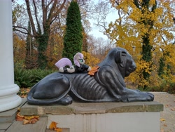 Size: 8192x6144 | Tagged: safe, maud pie, big cat, earth pony, lion, pony, g4, autumn, irl, leaf, monument, outdoors, park, photo, plushie