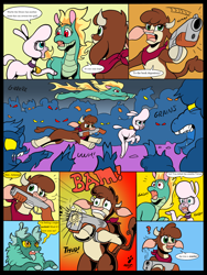 Size: 1456x1932 | Tagged: safe, artist:duragan, arizona (tfh), pom (tfh), tianhuo (tfh), velvet (tfh), cow, deer, dragon, hybrid, lamb, longma, reindeer, sheep, undead, zombie, them's fightin' herds, comic, community related, gun, halloween, holiday, parody, shotgun, simpsons did it, weapon