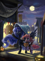 Size: 4000x5436 | Tagged: safe, artist:flvski, pinkie pie, princess luna, alicorn, earth pony, pony, g4, candy, clothes, duo, duo female, female, food, halloween, happy birthday mlp:fim, holiday, jack-o-lantern, lollipop, mlp fim's seventh anniversary, moon, night, nightmare night, outdoors, pumpkin, pumpkin bucket, socks, street, striped socks