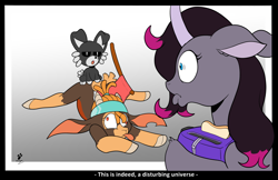 Size: 2814x1827 | Tagged: safe, artist:duragan, oleander (tfh), shanty (tfh), dog, goat, unicorn, them's fightin' herds, axe, bread, comedy, community related, food, gradient background, horn, murder, parody, puppy, simpsons did it, toast, tongue out, weapon