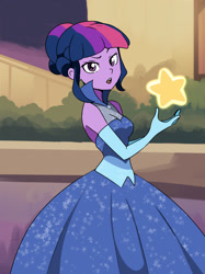 Size: 1280x1708 | Tagged: safe, artist:daichigatari, twilight sparkle, human, equestria girls, g4, alternate hairstyle, breasts, busty twilight sparkle, clothes, dress, evening gloves, female, gala dress, gloves, gown, long gloves, solo, stars, twilight sparkle's first gala dress