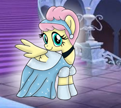 Size: 1280x1136 | Tagged: safe, artist:mlplary6, fluttershy, pegasus, pony, alternate hairstyle, choker, cinderella, clothes, cute, dress, evening gloves, female, gloves, gown, hair bun, hairband, long gloves, mare, poofy shoulders, shyabetes, smiling, solo, spread wings, staircase, stairs, wings