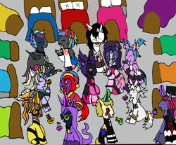 Size: 1168x968 | Tagged: safe, artist:ask-luciavampire, oc, oc only, oc:alice, oc:ellen nightgaze, oc:gina heart, oc:kira maria, oc:moka berry, oc:nyx, oc:rune dusk, oc:sapphira, oc:shadow walker, oc:silver wind (ask-luciavampire), oc:violet, oc:zane blade, alicorn, earth pony, pegasus, pony, unicorn, tumblr:ask-luciavampire, bowsette, boyfriend (friday night funkin), candy, clothes, costume, female, filly, foal, food, friday night funkin', halloween, halloween 2024, halloween costume, holiday, horn, kids, marionette, pomni, puella magi madoka magica, super mario bros., the amazing digital circus, tumblr