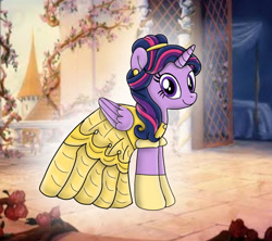 Size: 1280x1136 | Tagged: safe, artist:mlplary6, twilight sparkle, alicorn, pony, alternate hairstyle, beauty and the beast, belle, clothes, cute, dress, ear piercing, earring, evening gloves, female, gloves, gown, jewelry, long gloves, mare, piercing, smiling, solo, twiabetes, twilight sparkle (alicorn)