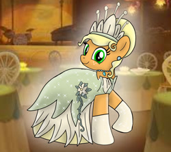 Size: 1280x1136 | Tagged: safe, artist:mlplary6, applejack, earth pony, pony, g4, alternate hairstyle, applebetes, applejack also dresses in style, clothes, crown, cute, dress, ear piercing, earring, evening gloves, female, gloves, gown, indoors, jewelry, long gloves, mare, necklace, piercing, regalia, solo, table, the princess and the frog, tiana