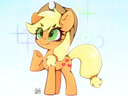 Size: 4000x3000 | Tagged: safe, artist:zokkili, earth pony, pony, g4, applejack's hat, cowboy hat, ear fluff, eye clipping through hair, eyebrows, eyebrows visible through hair, female, hat, high res, mare, raised hoof, signature, smiling, solo, sparkles, underhoof