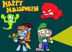 Size: 1024x740 | Tagged: safe, artist:dragonboi471, artist:rainbowdashsmailbag, fluttershy, rainbow dash, ghost, pony, undead, g4, clothes, costume, flashlight (object), halloween, holiday, luigi, luigi's mansion, meggy spletzer, smg4, super mario bros.