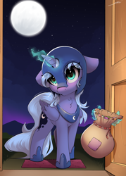 Size: 2500x3500 | Tagged: safe, artist:skitsroom, nightmare moon, princess luna, alicorn, pony, g4, clothes, costume, cute, door, female, filly, filly luna, full moon, glowing, glowing horn, halloween, halloween costume, holiday, horn, looking at you, lunabetes, moon, moonabetes, nightmare moon armor, nightmare woon, s1 luna, sky, solo, stars, trick or treat, woona, younger