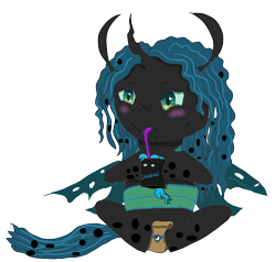 Size: 730x696 | Tagged: source needed, safe, artist:visserex52, queen chrysalis, oc, oc:midnight lancer, changeling, g4, box of love juice, duo, juice, juice box, simple background, transparent background