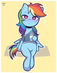 Size: 1594x2048 | Tagged: safe, artist:eltrash_art6, rainbow dash, pegasus, pony, g4, blushing, clothes, coffee, coffee cup, cup, female, legs together, mare, passepartout, shirt, solo, t-shirt, tired