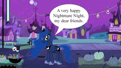 Size: 2131x1199 | Tagged: safe, artist:proenix, artist:xastralatlasx, princess luna, alicorn, pony, g4, nightmare night, outdoors, ponyville, pumpkin, screencap background, solo, speech bubble, talking to viewer