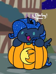 Size: 1350x1800 | Tagged: safe, artist:flutterluv, rarity, pony, unicorn, g4, clothes, costume, darling, fake wings, halloween, holiday, horn, jack-o-lantern, night, nightmare night, outdoors, ponyville, princess luna costume, pumpkin, smiling, solo