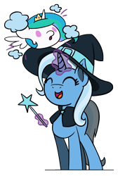 Size: 1350x1800 | Tagged: safe, artist:flutterluv, princess celestia, trixie, alicorn, pony, g4, 2024, blob, blob pony, duo, duo female, female, hat, magic wand, simple background, smiling, transparent background, trixie day, witch costume, witch hat