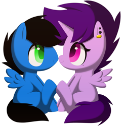 Size: 3340x3468 | Tagged: safe, alternate version, artist:melodytheartpony, oc, oc only, oc:griff, oc:violet scratch, alicorn, pegasus, 2014, alicorn oc, doodle, duo, ear piercing, facing each other, female, feral, happy, horn, looking at each other, looking at someone, male, old art, pegasus oc, piercing, shipping, short mane, signature, simple background, sitting, smiling, spread wings, straight, white background, wings